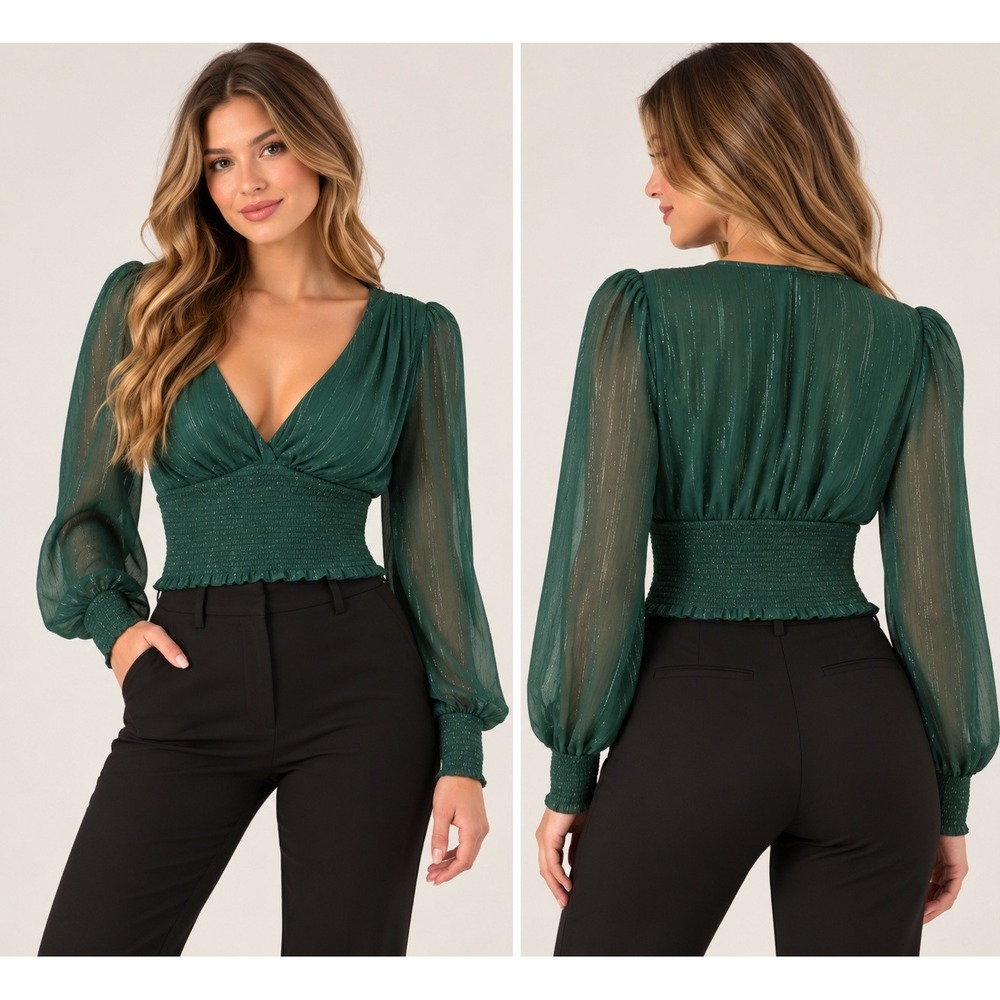 Lulus Emerald Green Metallic Pinstripe Smocked V-Neck Balloon Sleeve Crop M NWT‎